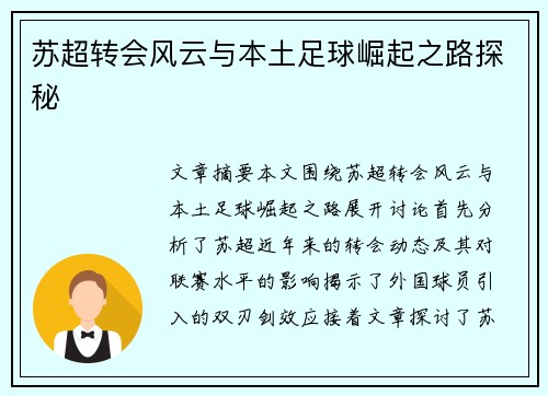 苏超转会风云与本土足球崛起之路探秘